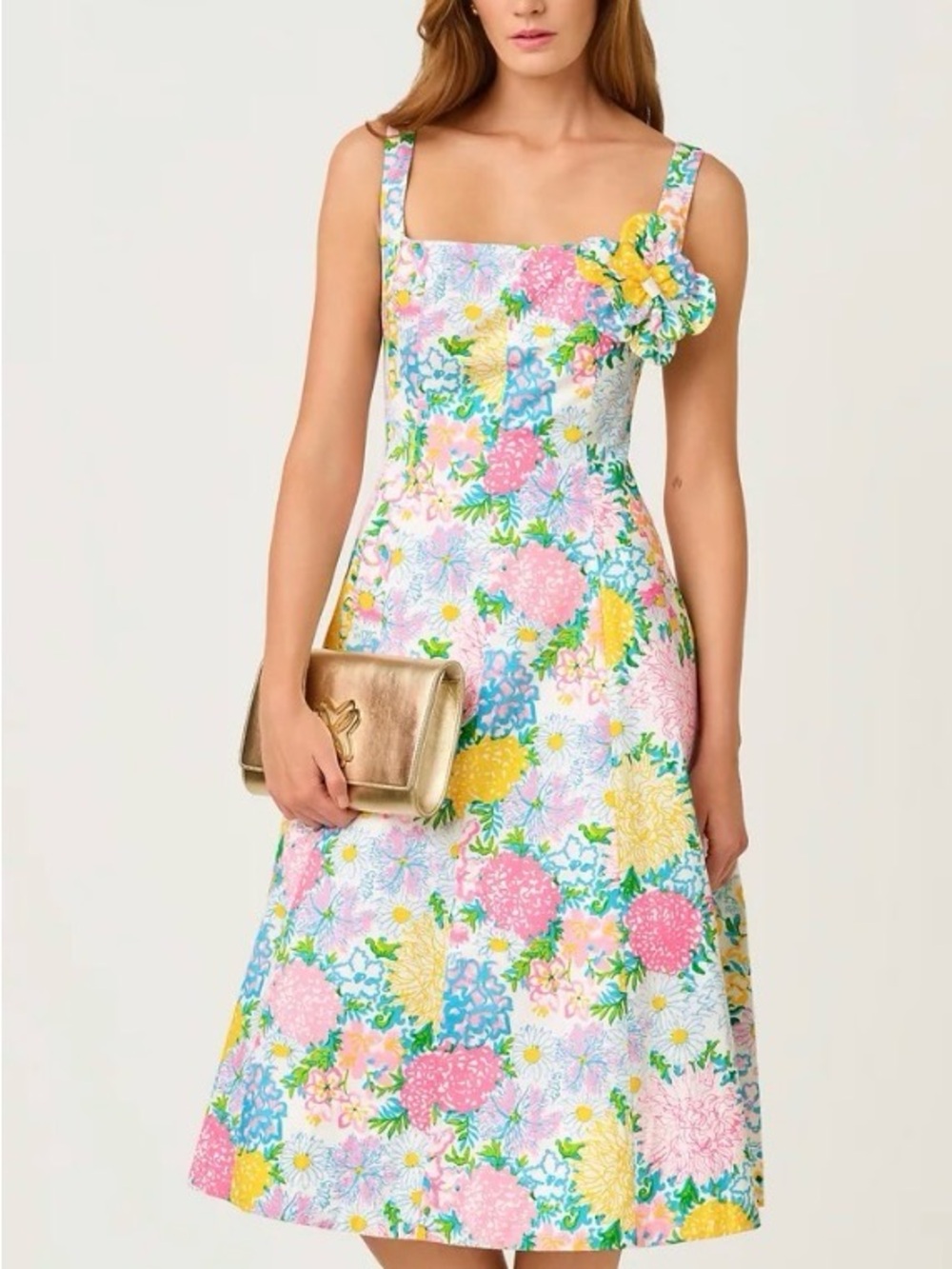Floral A-Line Sundress with Floral Accent - Pink Multi